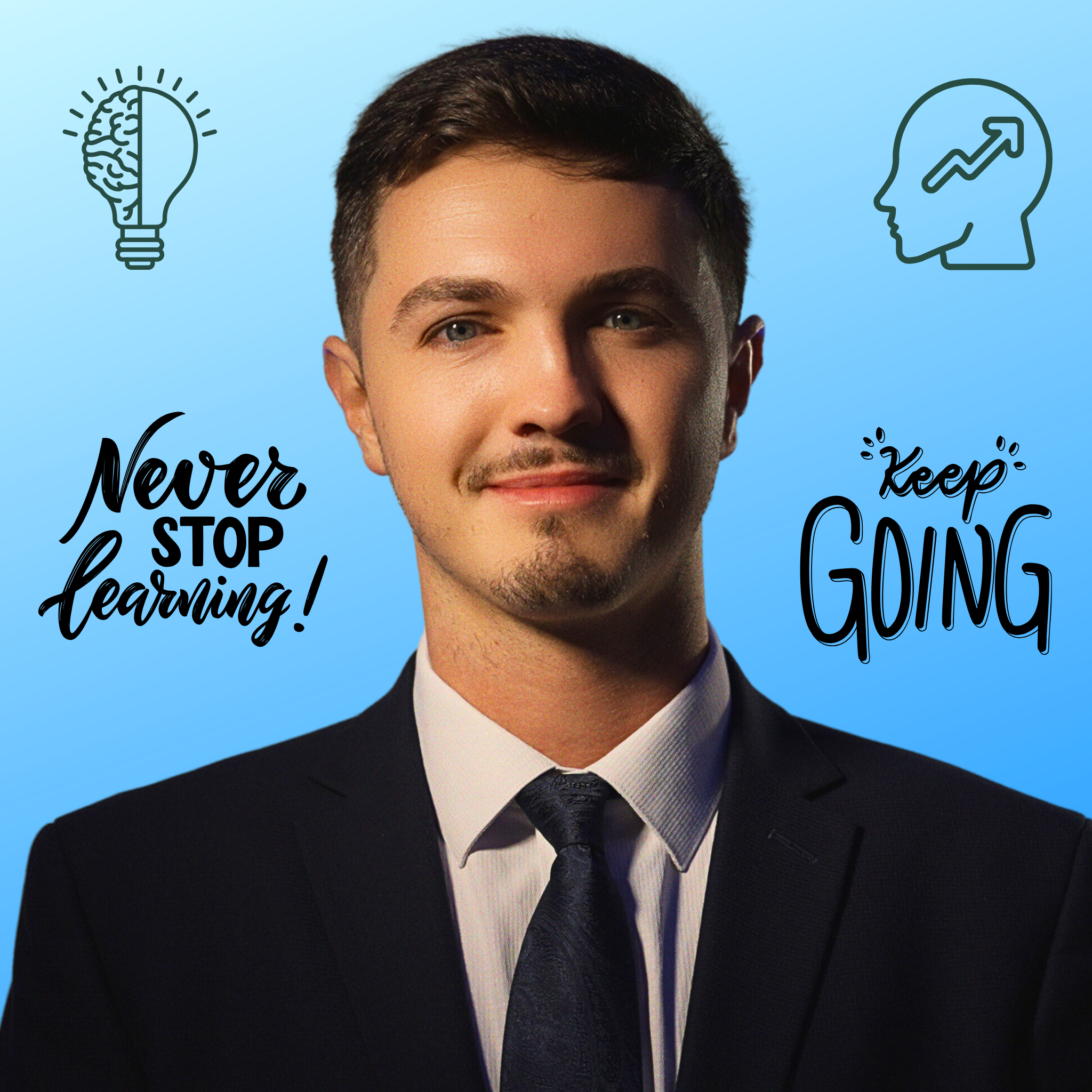 Professional headshot of Marko Čeki surrounded by growth mindset graphic elements with the text 'NEVER STOP LEARNING' on the left and 'KEEP GOING' on the right, symbolizing resilience and continuous learning.