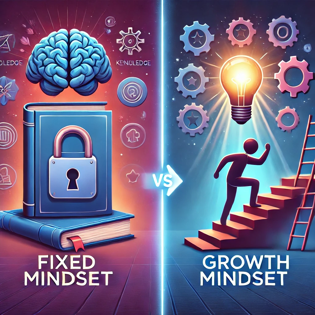 An illustration comparing a fixed mindset with a growth mindset. The fixed mindset side shows a locked book and a brain, while the growth mindset side depicts a person climbing stairs towards a bright lightbulb, surrounded by gears.