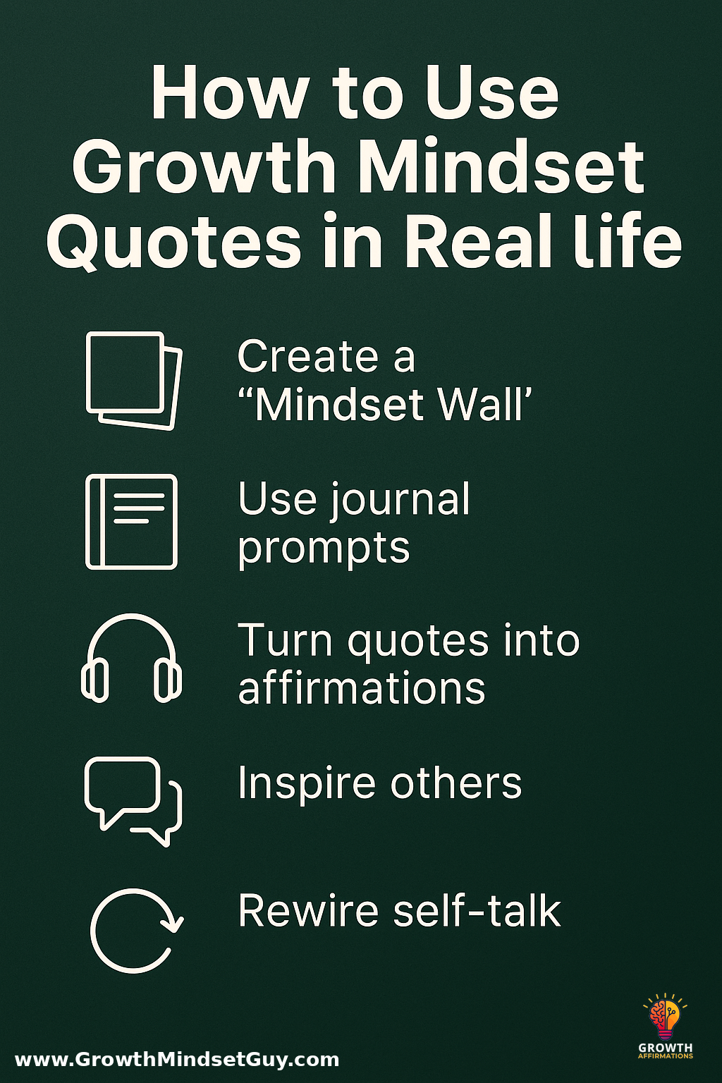 Infographic titled “How to Use Growth Mindset Quotes in Real Life” with five practical tips—create a mindset wall, use journal prompts, turn quotes into affirmations, inspire others, and rewire self-talk—featuring icons for each step, the Growth Affirmations logo, and the website URL www.GrowthMindsetGuy.com