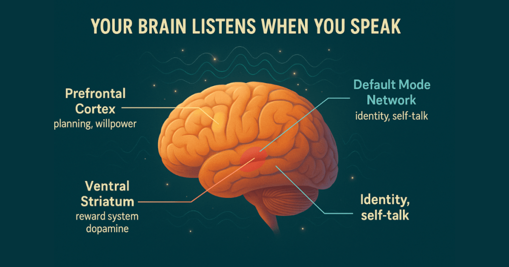 An illustrated diagram of the human brain labeled with regions activated by affirmations—Prefrontal Cortex (planning, willpower), Ventral Striatum (reward system, dopamine), and Default Mode Network (identity, self-talk)—with the title “Your Brain Listens When You Speak.”