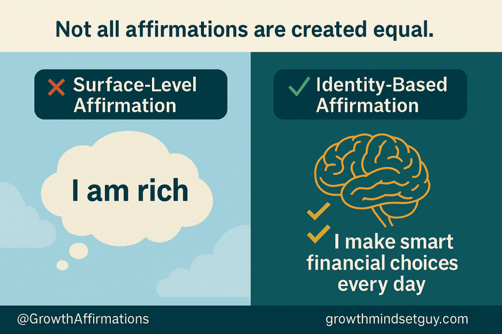 Split-screen infographic comparing two types of affirmations. The left side shows a vague statement "I am rich" inside a cloud bubble, symbolizing generic positivity. The right side displays an identity-based affirmation "I make smart financial choices every day" with brain visuals and checkmarks, highlighting practical, neuroscience-backed self-talk.